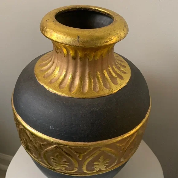 Dark brown gold leaf large ceramic decorative vase home decor shelf vintage art - Picture 3 of 10